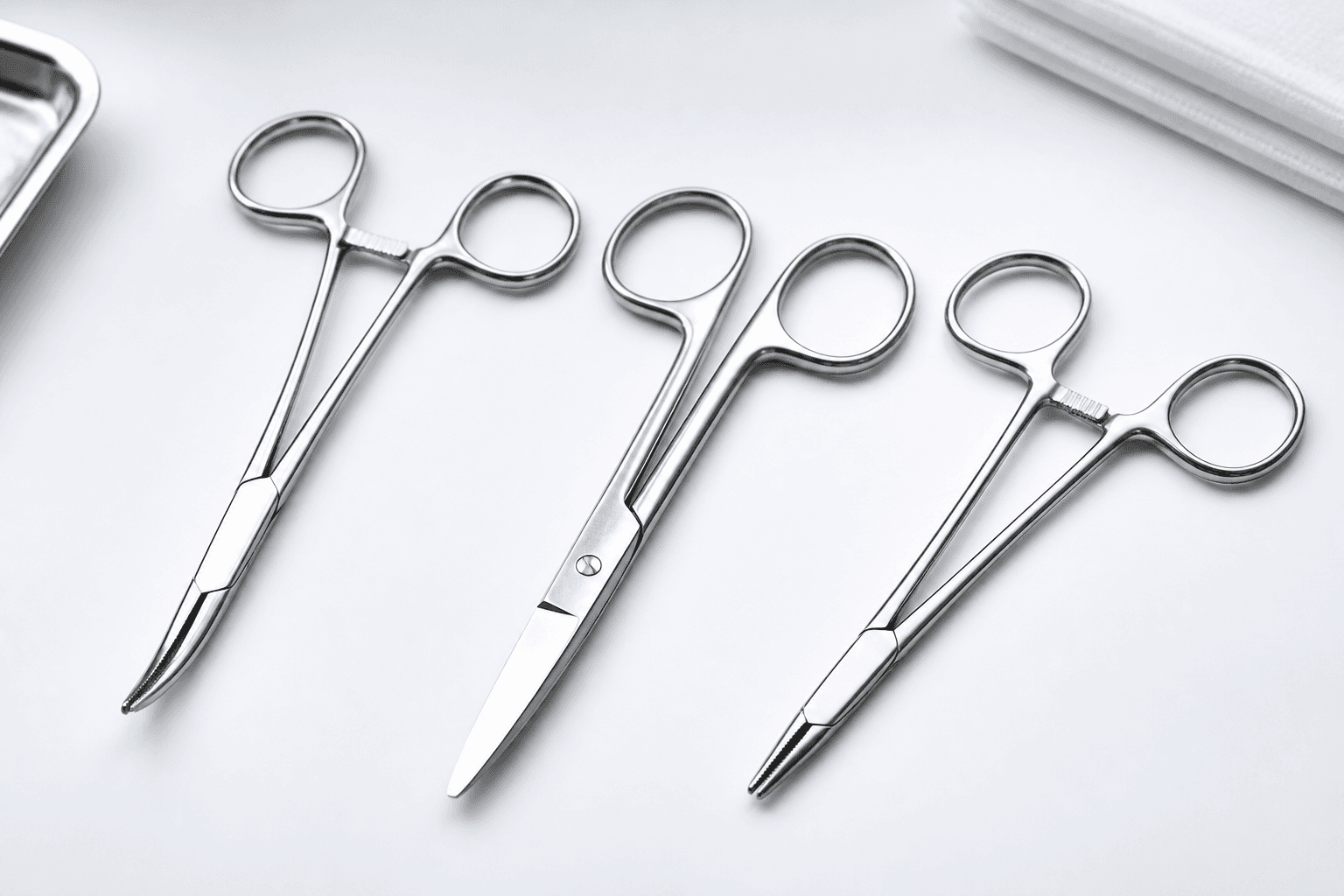 Surgical scissors on a clinical surface